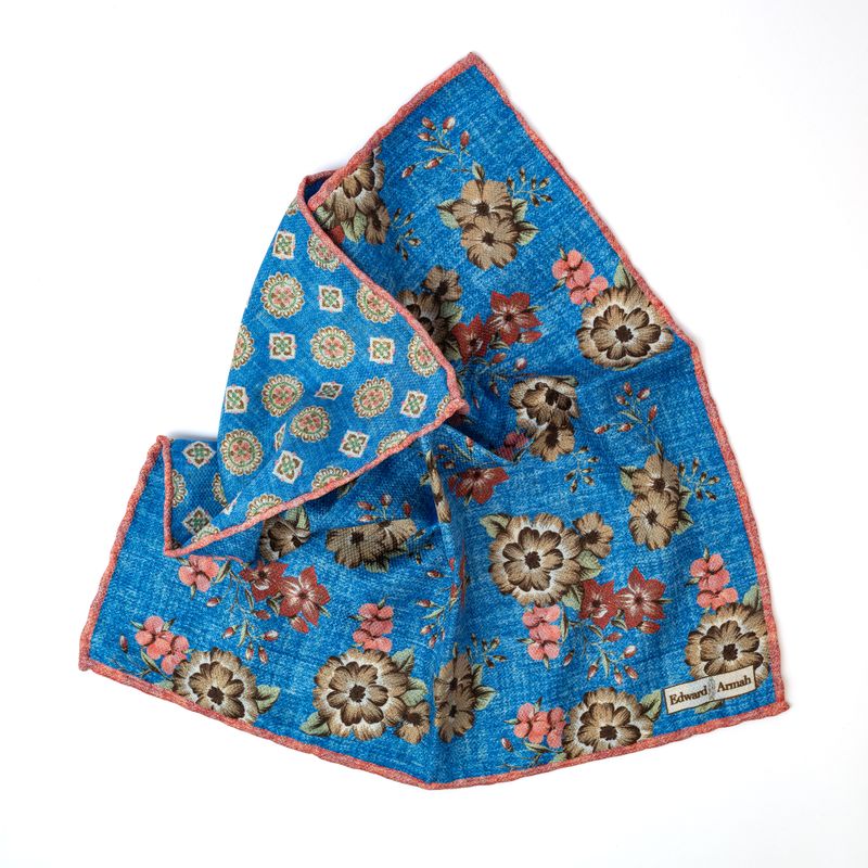 Reversible Mixed Floral Pocket Square - Blue