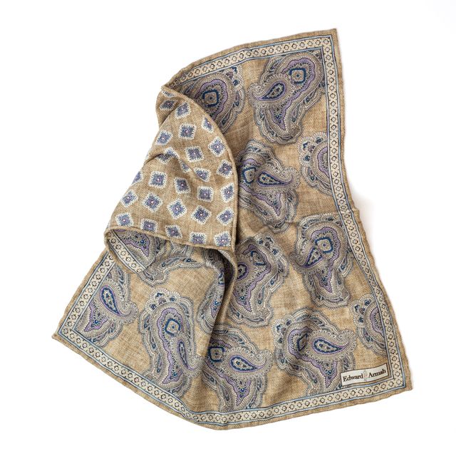 Reversible Paisley Pocket Square - Tan
