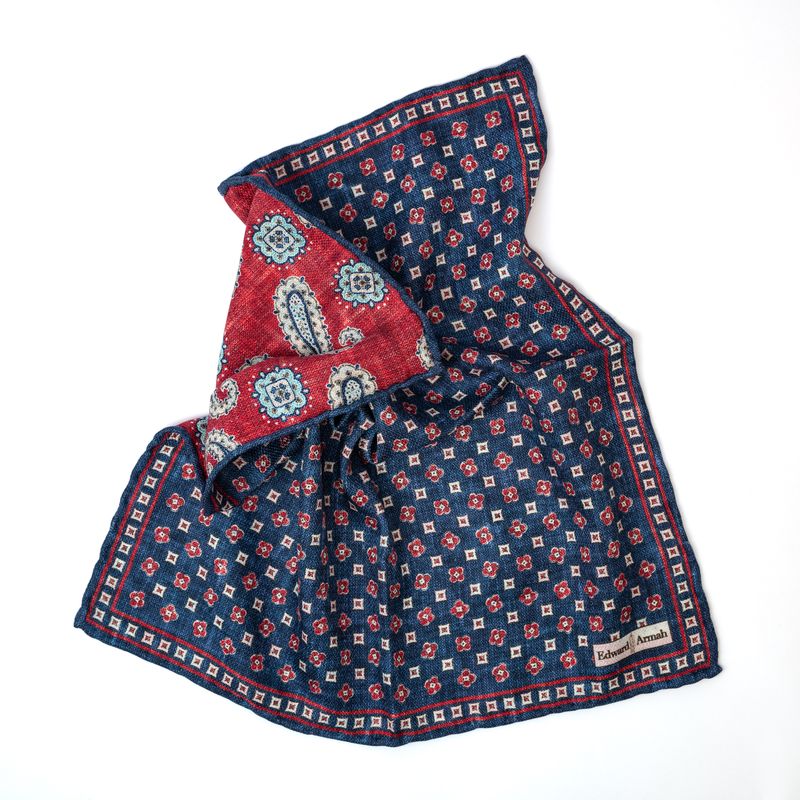 Reversible Foulard Print Pocket Square - Navy
