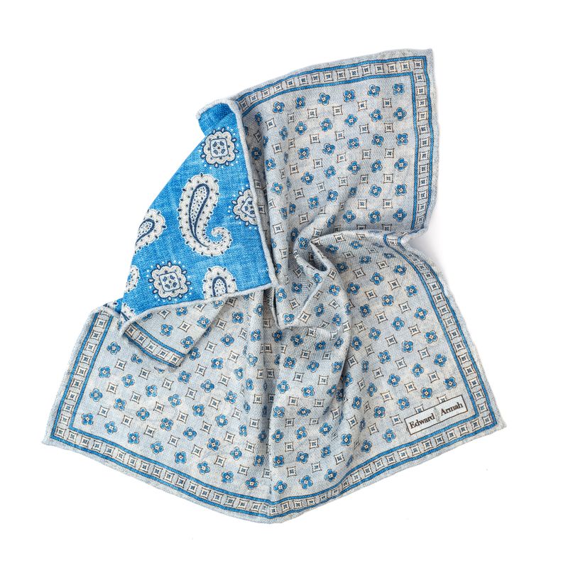 Reversible Foulard Print Pocket Square - Sky Blue