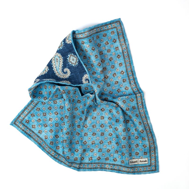 Reversible Foulard Print Pocket Square - Teal