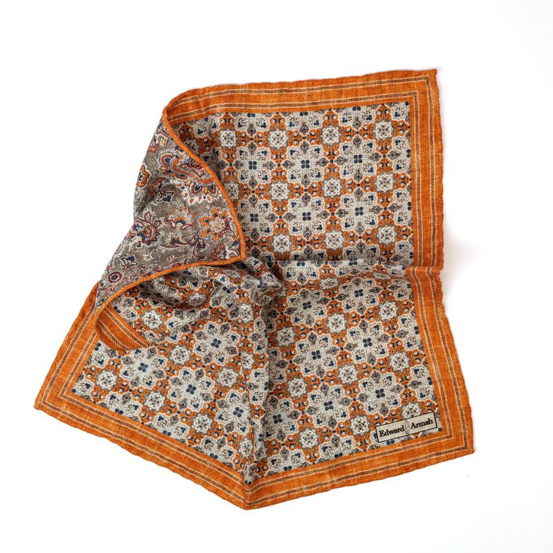 Reversible Medallion Print Pocket Square - Orange