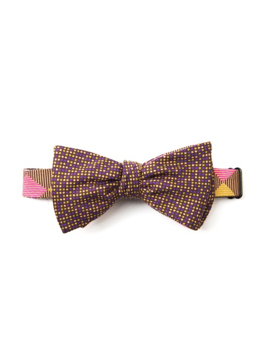 Mustard/Olive/Violet Checker/Dots Reversible Bow Tie 