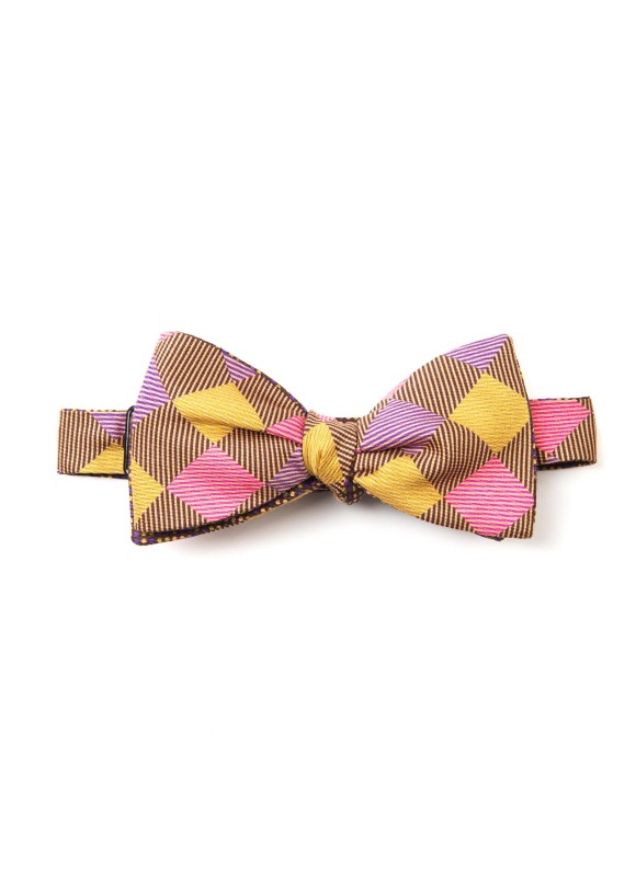 Mustard/Olive/Violet Checker/Dots Reversible Bow Tie 