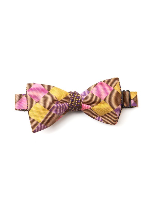 Mustard/Olive/Violet Checker/Dots Reversible Bow Tie 