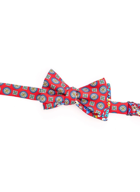 Red/Blue Floral/Medallion Neat Reversible Bow