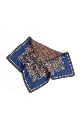 Denim/Green/Brown Persian/Neat Shappe Print Reversible Pocket Square 