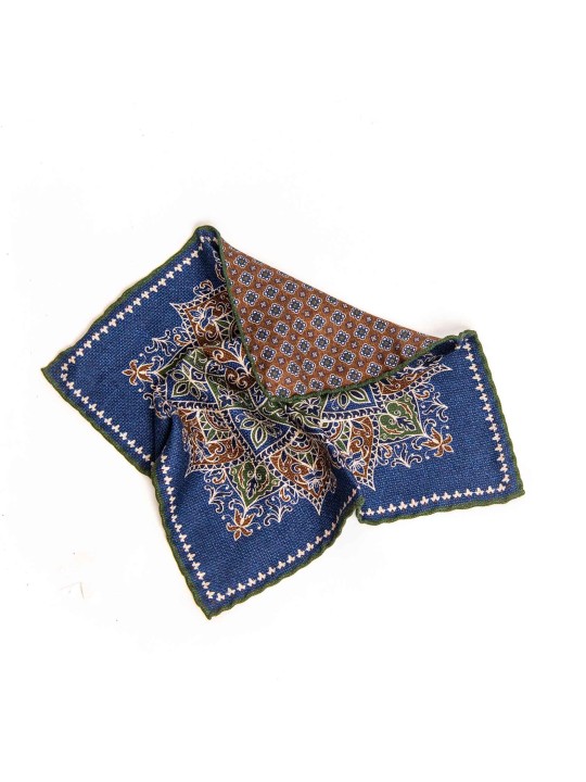 Denim/Green/Brown Persian/Neat Shappe Print Reversible Pocket Square