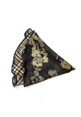 Olive/Brown Floral Camo/Glen Plaid Print Silk Shappe Diamante Reversible Pocket Circle 