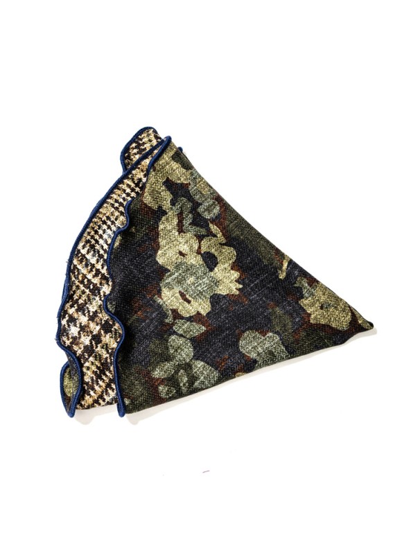 Olive/Brown Floral Camo/Glen Plaid Print Silk Shappe Diamante Reversible Pocket Circle