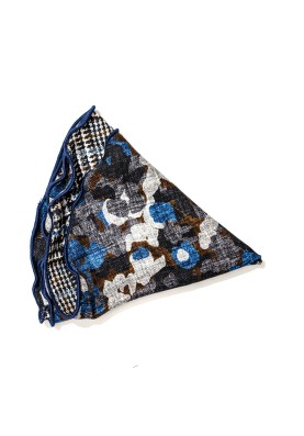 Grey/Blue Floral Camo/Glen Plaid Print Silk Shappe Diamante Reversible Pocket Circle 