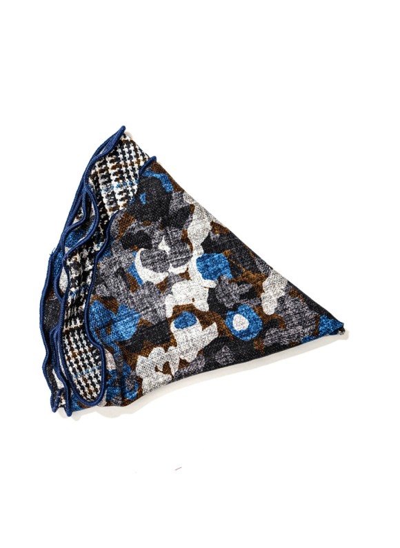 Grey/Blue Floral Camo/Glen Plaid Print Silk Shappe Diamante Reversible Pocket Circle