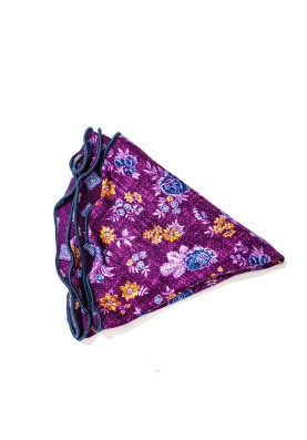 Dk. Magenta/Blue Floral/Quatrefoil Neat Print Silk Shappe Diamante Reversible Pocket Circle  