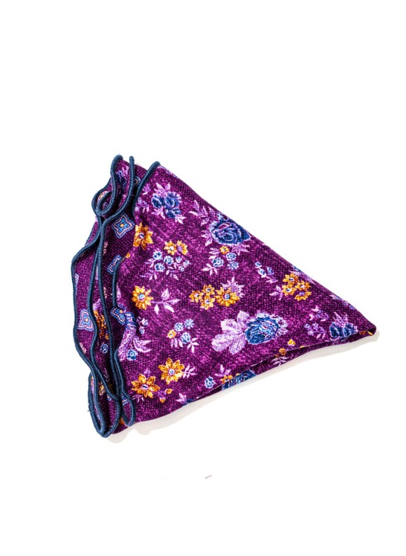 Dk. Magenta/Blue Floral/Quatrefoil Neat Print Silk Shappe Diamante Reversible Pocket Circle 