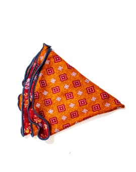 Red/Marigold Floral/Quatrefoil Neat Print Silk Shappe Diamante Reversible Pocket Circle 
