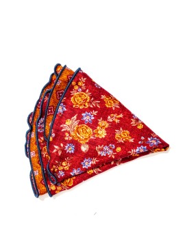 Red/Marigold Floral/Quatrefoil Neat Print Silk Shappe Diamante Reversible Pocket Circle 