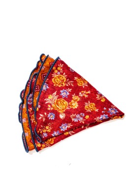 Red/Marigold Floral/Quatrefoil Neat Print Silk Shappe Diamante Reversible Pocket Circle  