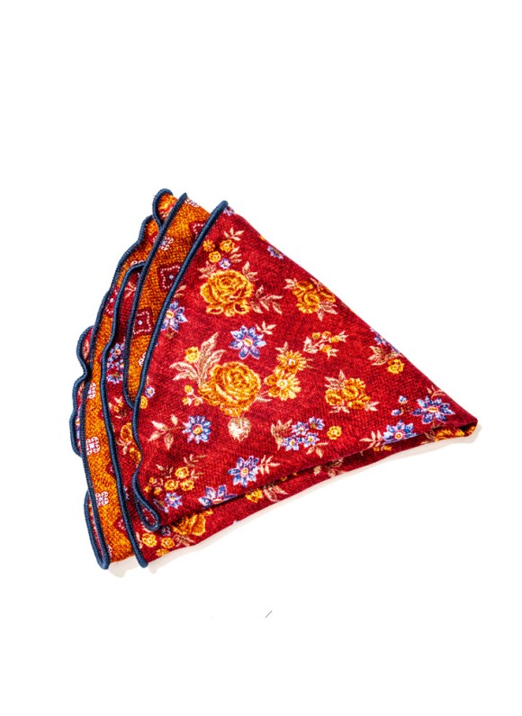 Red/Marigold Floral/Quatrefoil Neat Print Silk Shappe Diamante Reversible Pocket Circle 