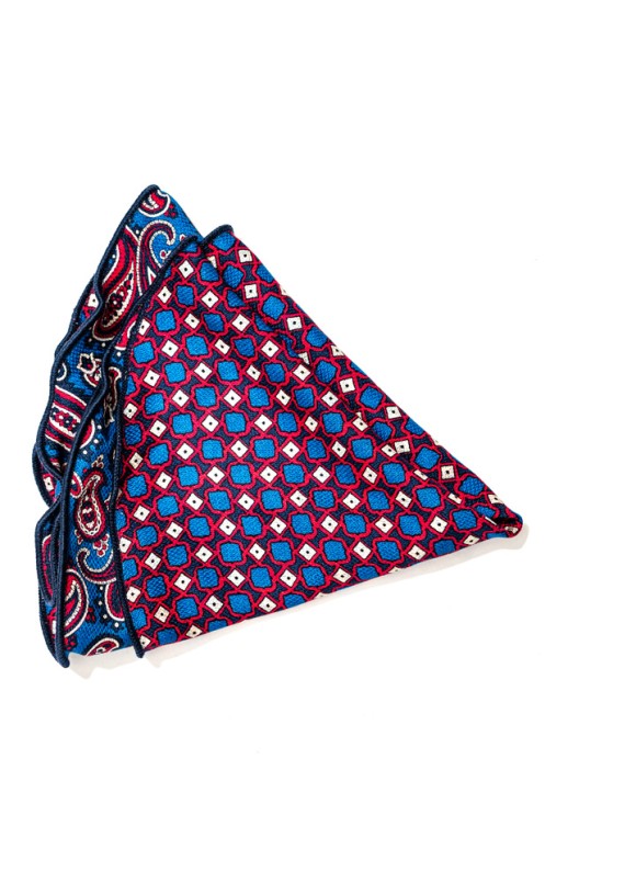 Blue/Red Almond Pines/Geo Neat Print Silk Shappe Diamante Reversible Pocket Circle