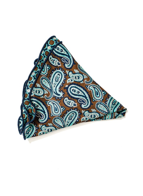 Brown/Aqua Almond Pines/Geo Neat Print Silk Shappe Diamante Reversible Pocket Circle