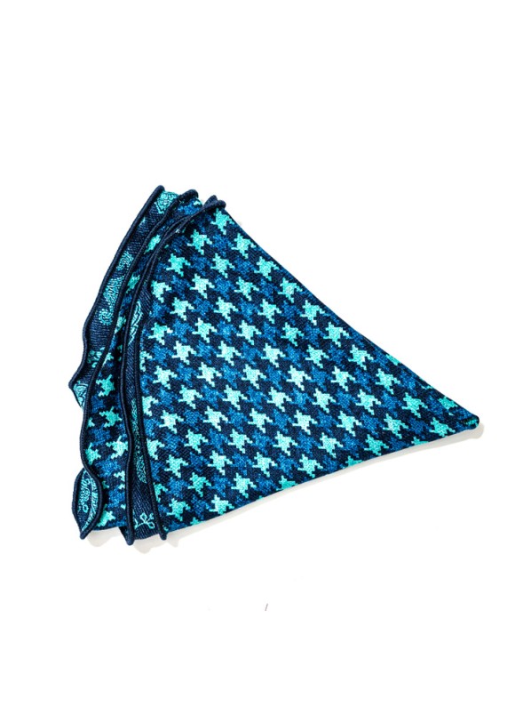 Denim/Turquoise Vine Paisley/Houndstooth Print Silk Shappe Diamante Reversible Pocket Circle