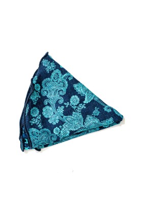 Denim/Turquoise Vine Paisley/Houndstooth Print Silk Shappe Diamante Reversible Pocket Circle 