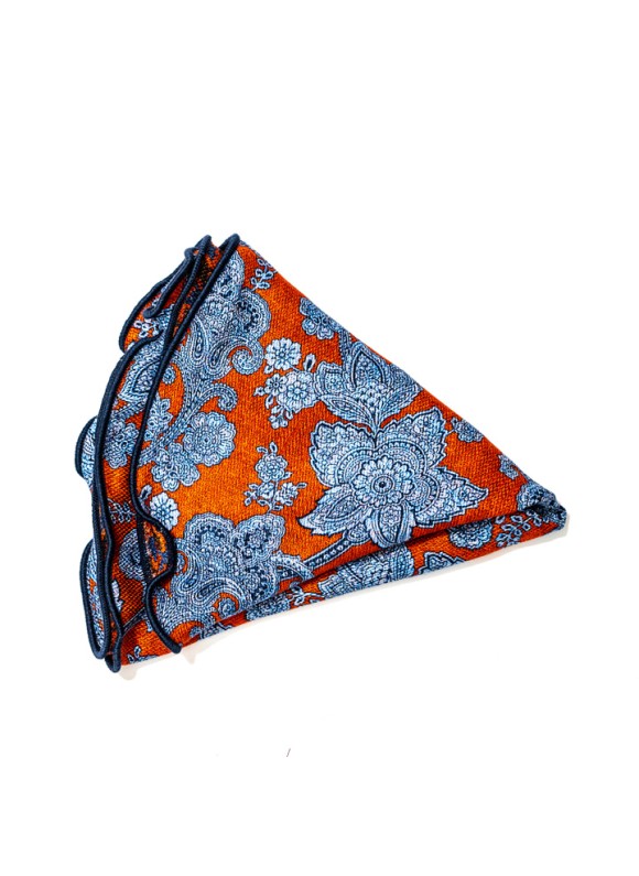 Rust/Denim Vine Paisley/Houndstoothprint Silk Shappe Diamante Reversible Pocket Circle