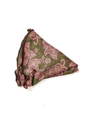 Olive/Pink Vine Paisley/Houndstooth Print Silk Shappe Diamante Reversible Pocket Circle 