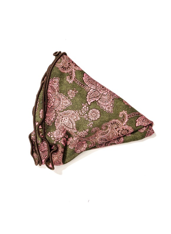 Olive/Pink Vine Paisley/Houndstooth Print Silk Shappe Diamante Reversible Pocket Circle