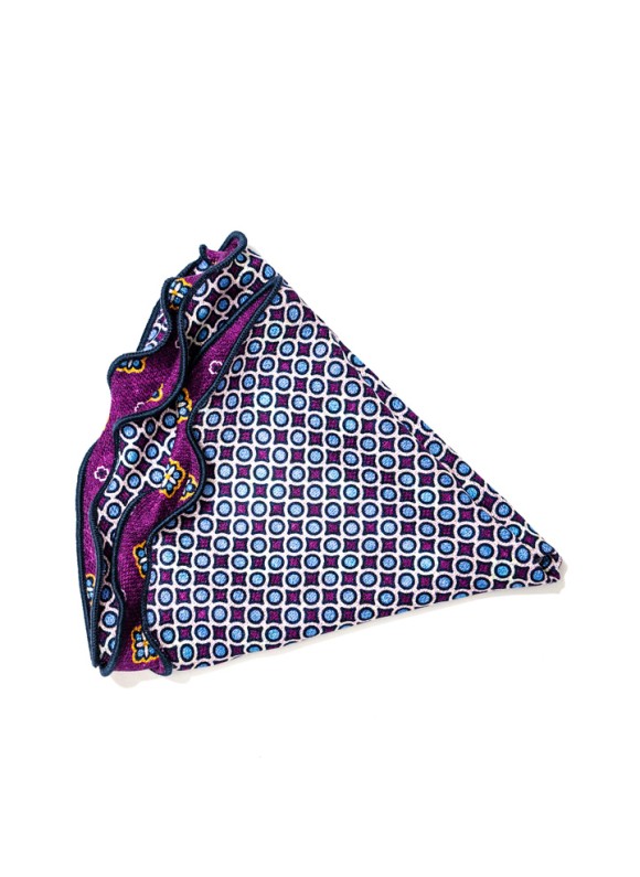 Dk. Magenta/Lt. Blue Neat/Geo Print Silk Shappe Diamante Reversible Pocket Circle