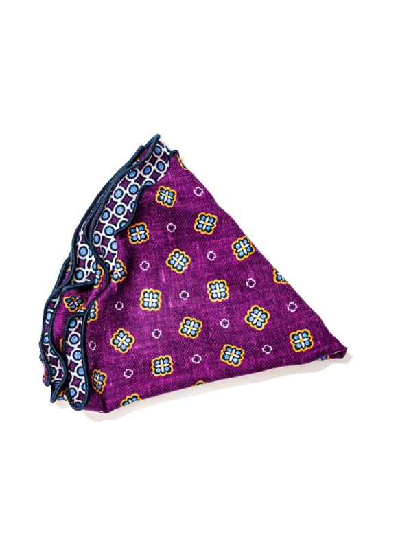 Dk. Magenta/Lt. Blue Neat/Geo Print Silk Shappe Diamante Reversible Pocket Circle