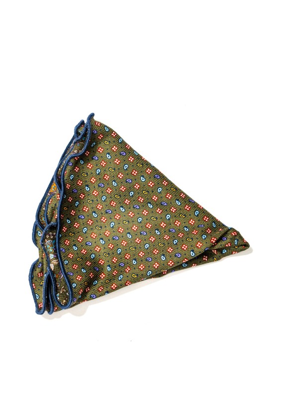 Olive Mini Pines Neat/Circus Floral Print Silk Shappe Diamante Reversible Pocket Circle