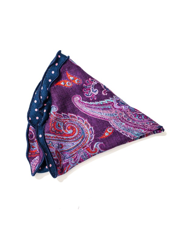 Purple/Navy/Pink Paisley/Polka Dots Print Silk Shappe Diamante Reversible Pocket Circle