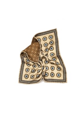 Tan  Octagon Medallion/Diamond Neat Print Reversible Pocket Square 