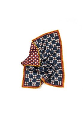 Navy/Burnt Orange Floral Dots/Houndstooth Print Reversible Pocket Square 