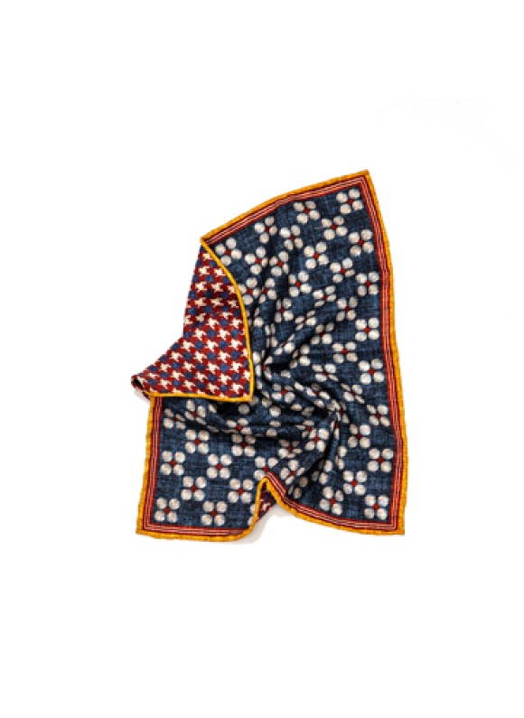 Navy/Burnt Orange Floral Dots/Houndstooth Print Reversible Pocket Square