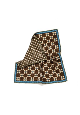 Brown /Blue Floral Dots/Houndstooth Print Reversible Pocket Square 