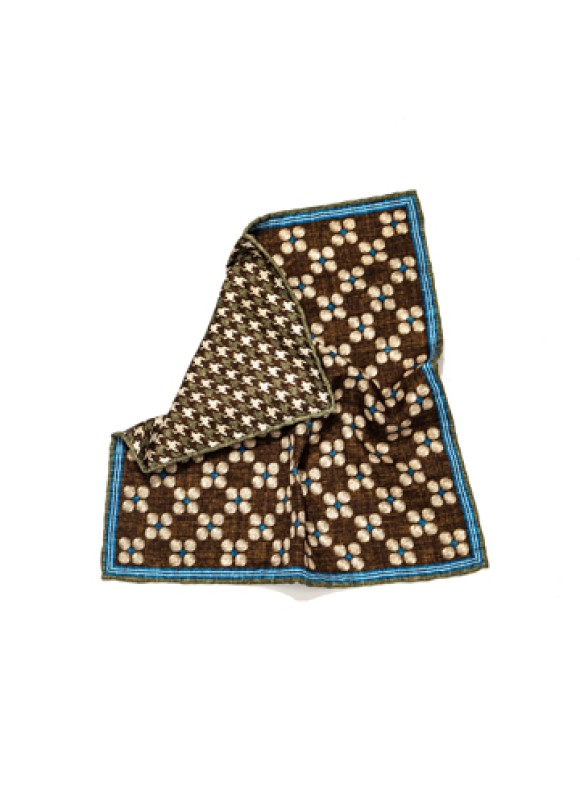 Brown /Blue Floral Dots/Houndstooth Print Reversible Pocket Square