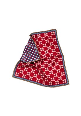 Burnt Orange/Blue Floral Dots/Houndstooth Print Reversible Pocket Square 