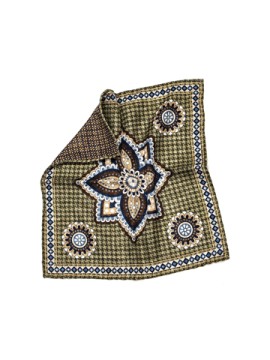 Olive Centered Design With Medallions/Neat Print Reversible Pocket Square