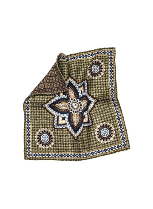 Olive Centered Design With Medallions/Neat Print Reversible Pocket Square