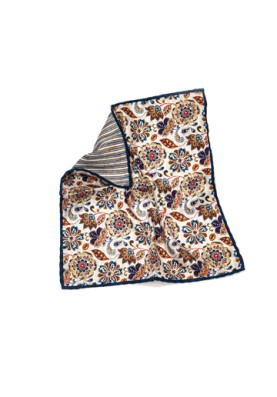 Heather/Navy Floral/Stripes Print Reversible Pocket Square 