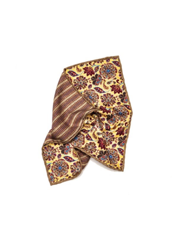 Pale Yellow/Lt. Brown Floral/Stripes Print Reversible Pocket Square