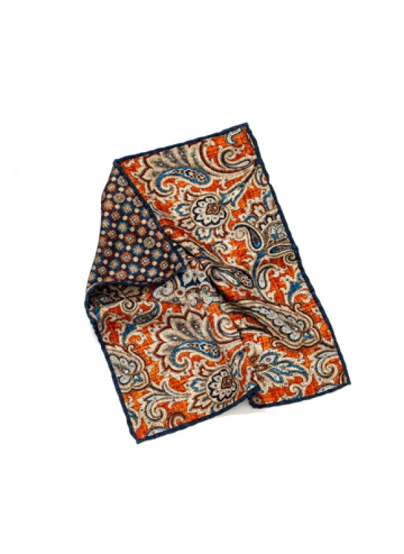 Rust/Navy Paisley/Floral Neat Print Reversible Pocket Square