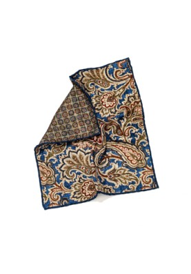 Denim/Olive Paisley/Floral Neat Print Reversible Pocket Square 