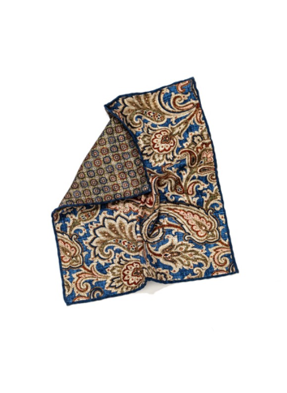 Denim/Olive Paisley/Floral Neat Print Reversible Pocket Square