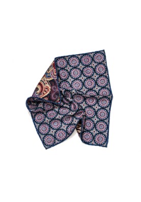 Navy/Red Medallions/Paisley Print Reversible Pocket Square 