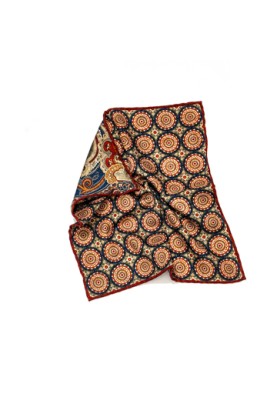 Rust/Navy Medallions/Paisley Print Reversible Pocket Square 