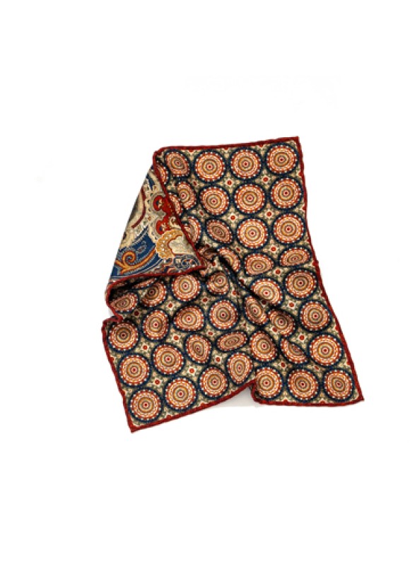 Rust/Navy Medallions/Paisley Print Reversible Pocket Square