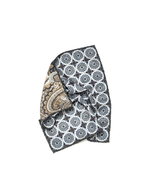 Grey/Lt. Blue Medallions/Paisley Print Reversible Pocket Square